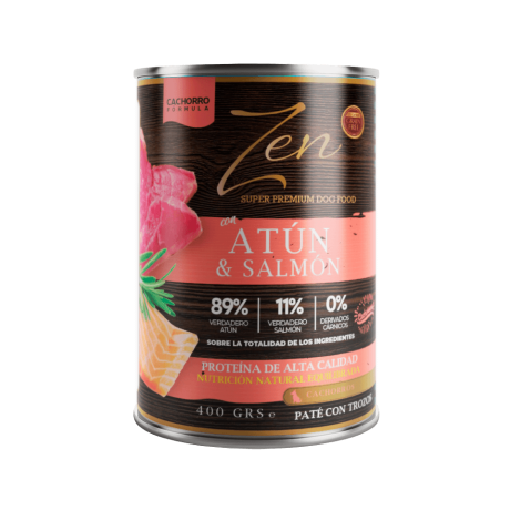 Lata de Paté Atún Salmón Cachorro Zen. Alimento húmedo para perros con 89% de atún, 400g.