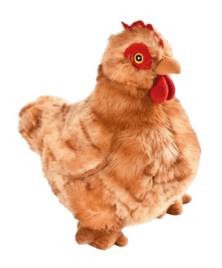 Peluche Gallina Perro Sonido Bubimex (25cm) de felpa marrón y cresta roja.