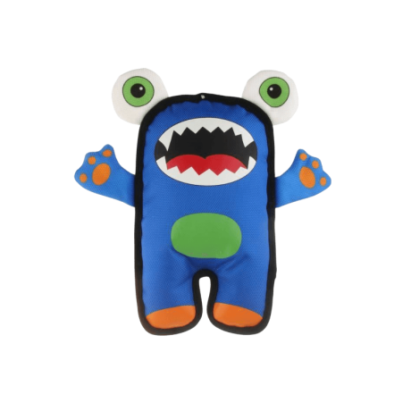 Peluche Monstruo Azul Resistente (24cm) con ojos grandes y tela fuerte para perros.