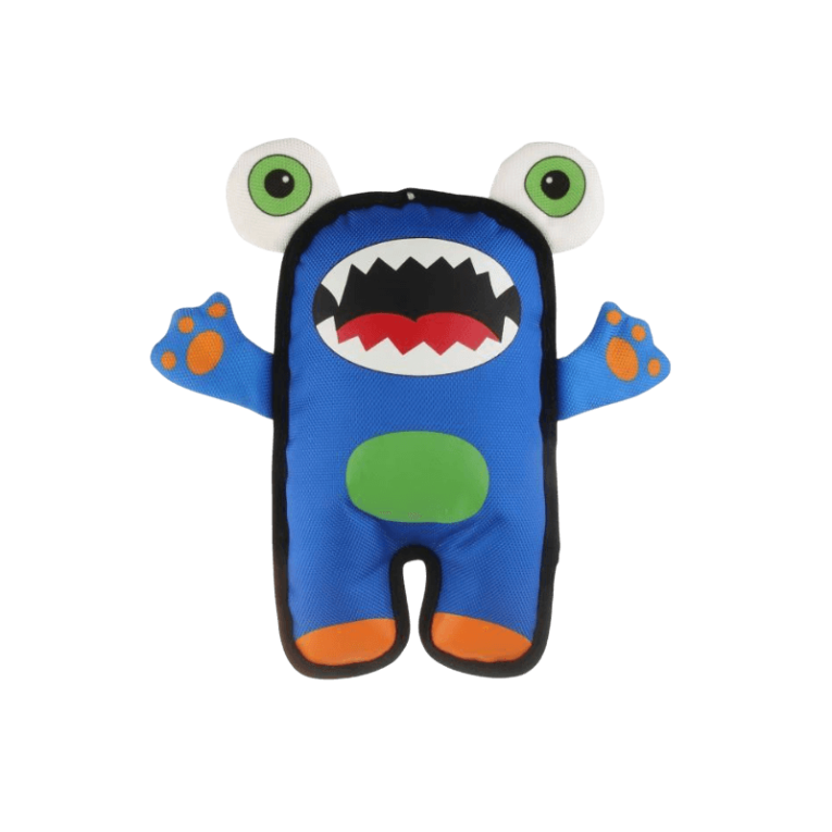Peluche Monstruo Azul Resistente (24cm) con ojos grandes y tela fuerte para perros.