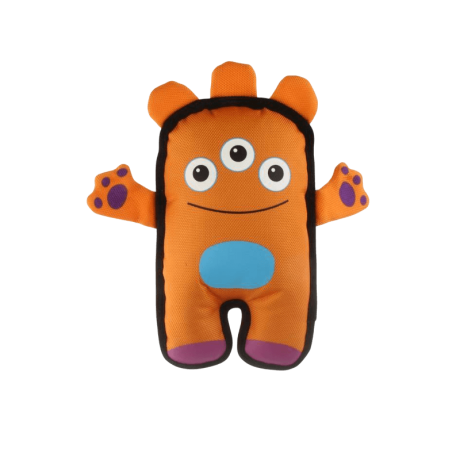 Peluche Monstruo Naranja Resistente (24cm) con tres ojos y tela fuerte para perros.