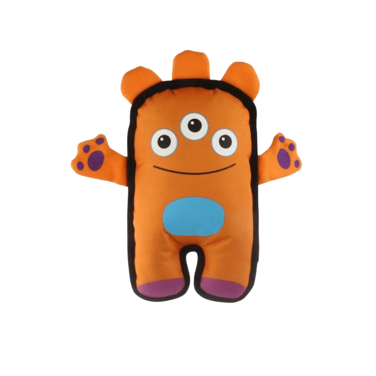 Peluche Monstruo Naranja Resistente (24cm) con tres ojos y tela fuerte para perros.