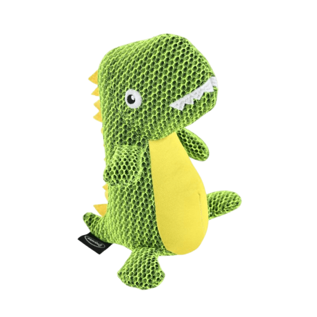 Peluche Perro Malla Sonido Dragón verde de 22cm, para limpieza dental y juego activo.