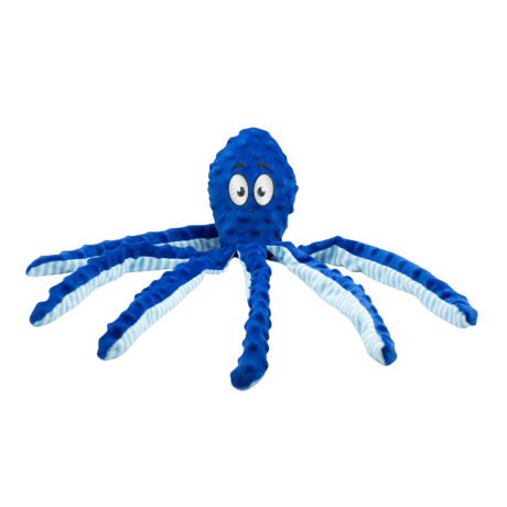 Peluche Pulpo Azul Perro (47cm) grande, con sonajero y tentáculos crepitantes para juego.