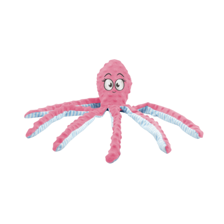 Peluche Pulpo Rosa Sonajero de 47cm. Juguete crepitante para perros con tentáculos de textura.