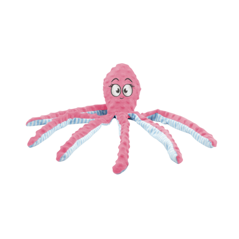Peluche Pulpo Rosa Sonajero de 47cm. Juguete crepitante para perros con tentáculos de textura.