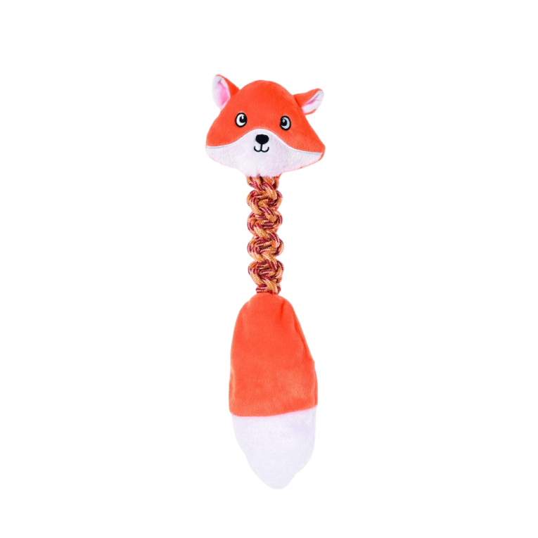 Peluche Zorro Tira Afloja de 47cm, juguete elástico con cuerda para perros.