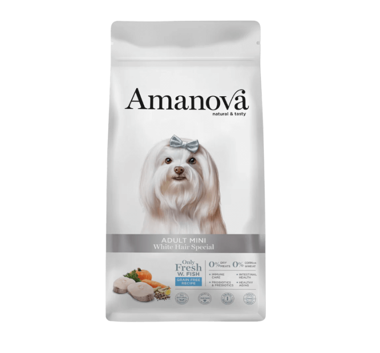 Pienso Amanova Pelo Blanco Mini. Bolsa de Adult Mini White Hair Special con Bichón Maltés.