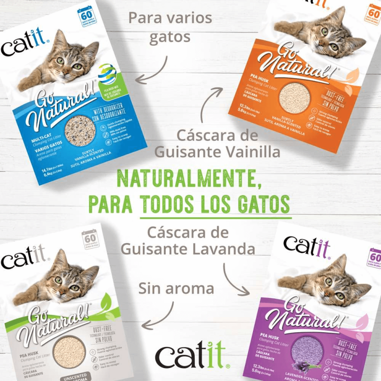 Toda la gama de arenas Catit Go Natural de cáscara de guisante: Multi-Cat, Sin Aroma, Lavanda y Vainilla