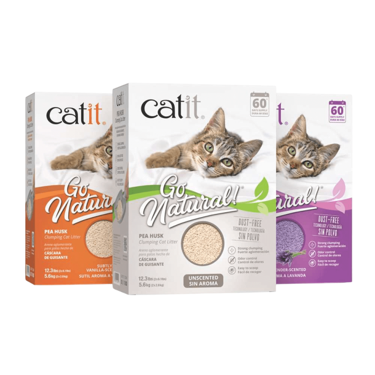 Tres cajas de arena Catit Go Natural: Vainilla, Sin Aroma y Lavanda, aglomerante de cáscara de guisante