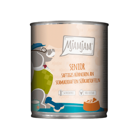 Pollo Batata Perro Senior MjAMjAM lata de paté natural sin cereales para perros mayores.