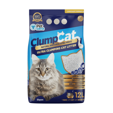 Saco de Bentonita natural Clumpcat ultra blanca aglomerante de 12 litros para gatos de la marca Pet Sana.