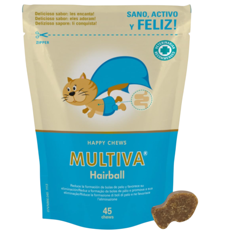 envase de Multiva Hairball 45 chews suplemento para gatos sin malta ni parafinas con psyllium y biotina para bolas de pelo