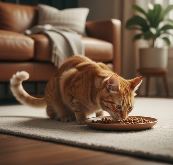 Gato comiendo pienso natural con minerales quelados en un plato bajo en el salón de casa Anlu