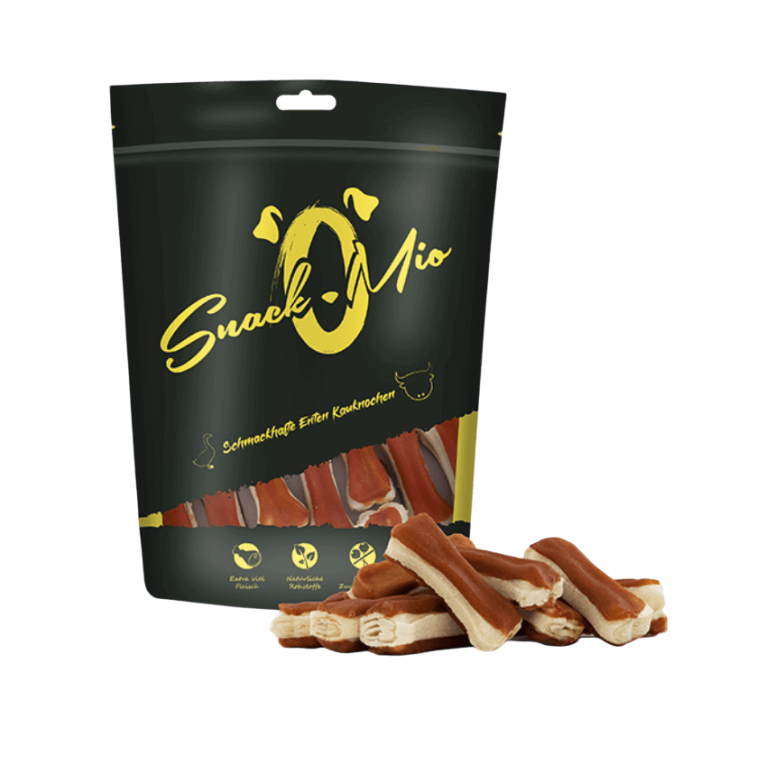 Bolsa de 120g de huesitos masticables de pato y ternera SnackOMio para perros en Piensos Anlú