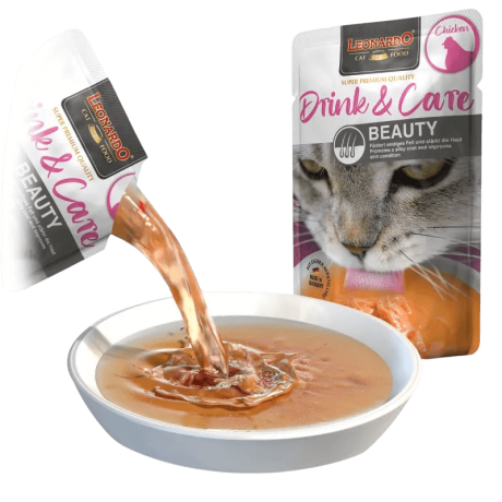 Sirviendo Leonardo Drink Beauty Gatos sopa de pollo con aceite de kril en un cuenco blanco.