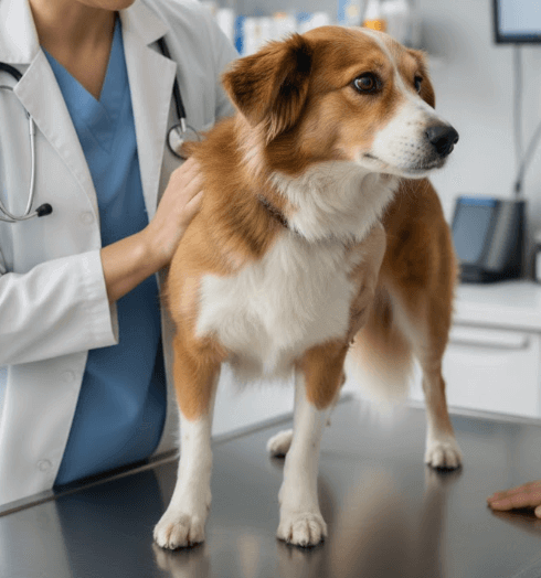 Veterinaria de espaldas examinando a un perro mestizo con un informe de analítica sanguínea sobre la mesa.