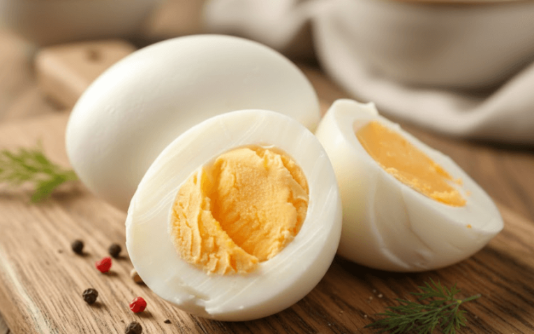 Varios huevos frescos sobre una encimera de cocina de madera, representando la proteína de alta calidad para la dieta de los perros.