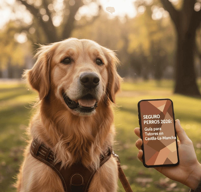 Tutor consultando en su móvil la guía 2026 de seguros para perros junto a su Golden Retriever en un parque de Castilla-La Mancha.