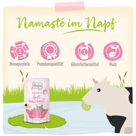 Infografía de beneficios MjAMjAM Wellness Anti Hairball: Monoproteico y Malta.