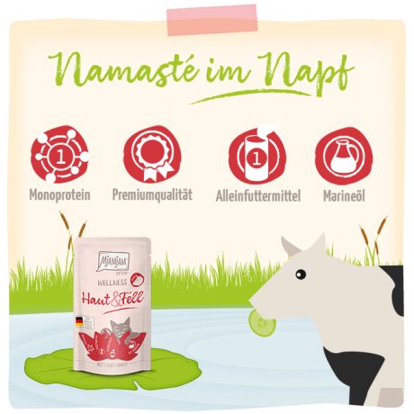 Iconos informativos de MjAMjAM Wellness Piel y Pelaje: Monoproteico y Aceites Marinos.