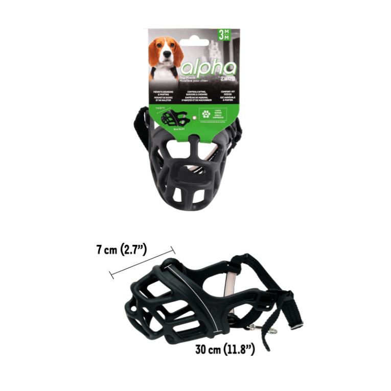 Medidas del bozal Zeus Alpha talla 3 con dimensiones de 7 x 30 cm para perros entre 9 kg y 20,4 kg en Piensos Anlú.