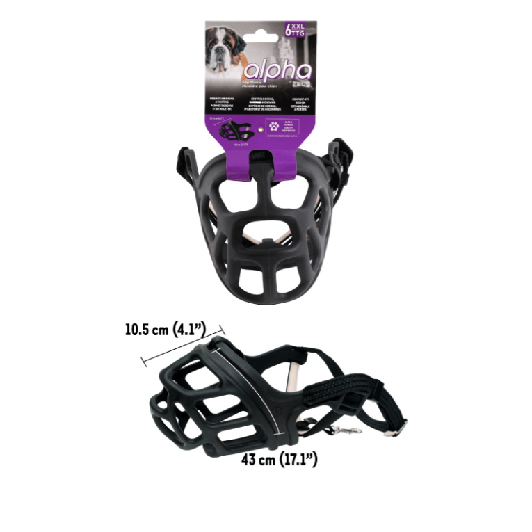 Medidas del bozal Zeus Alpha talla 6 con dimensiones de 10,5 x 43 cm para perros de hasta 90,7 kg en Piensos Anlú.