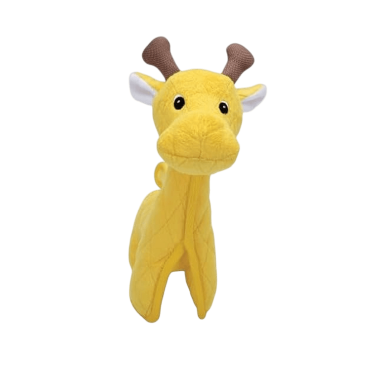 Primer plano del peluche jirafa Zeus Safari para perros con la cebra de fondo en Piensos Anlú.