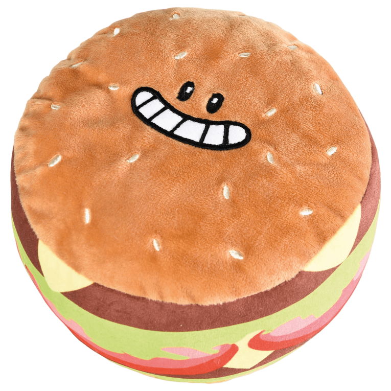 Juguete para perro dos en uno con forma de hamburguesa de peluche marron que esconde un paquete de patatas fritas amarillas en su interior de la marca Premier DOG en Anlú.