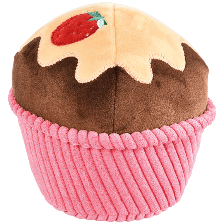 Juguete para perro con forma de cupcake de peluche rosa y marron que esconde una pelota de tenis rosa y blanca de la marca Premier DOG en Anlú.