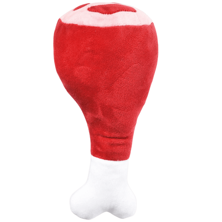 Juguete para perro dos en uno con forma de muslo de jamon de peluche rojo que esconde un hueso de color crema en su interior de la marca Premier DOG en Anlú.