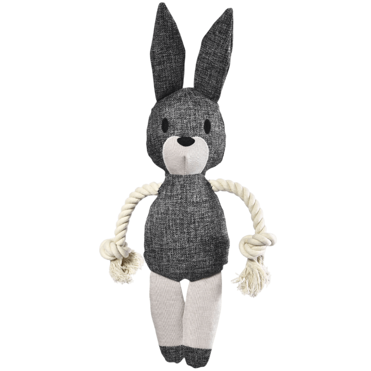 Juguete para perro con forma de conejo de color gris y blanco con extremidades de cuerda de la marca XT DOG en Anlú.