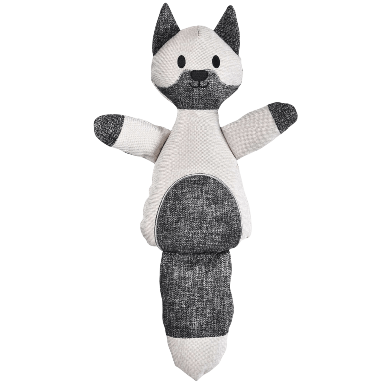 Juguete para perro con forma de gato de color beige y gris fabricado con materiales reciclados de la marca XT DOG en Anlú.