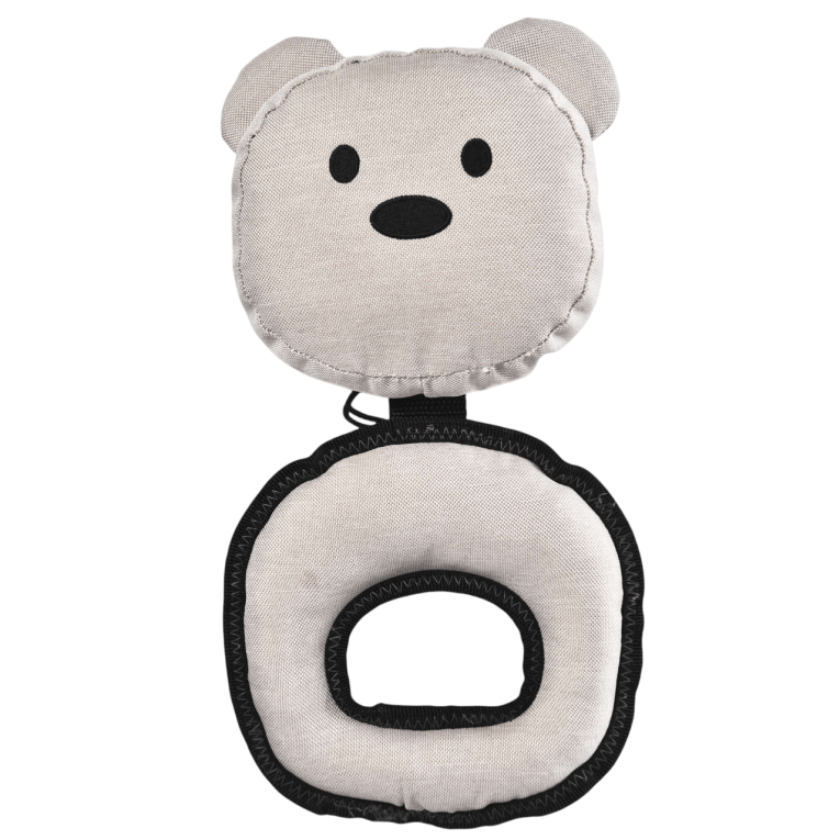 Juguete para perro con forma de oso de color beige fabricado con materiales reciclados y forma de anillo inferior de la marca XT DOG en Anlú.