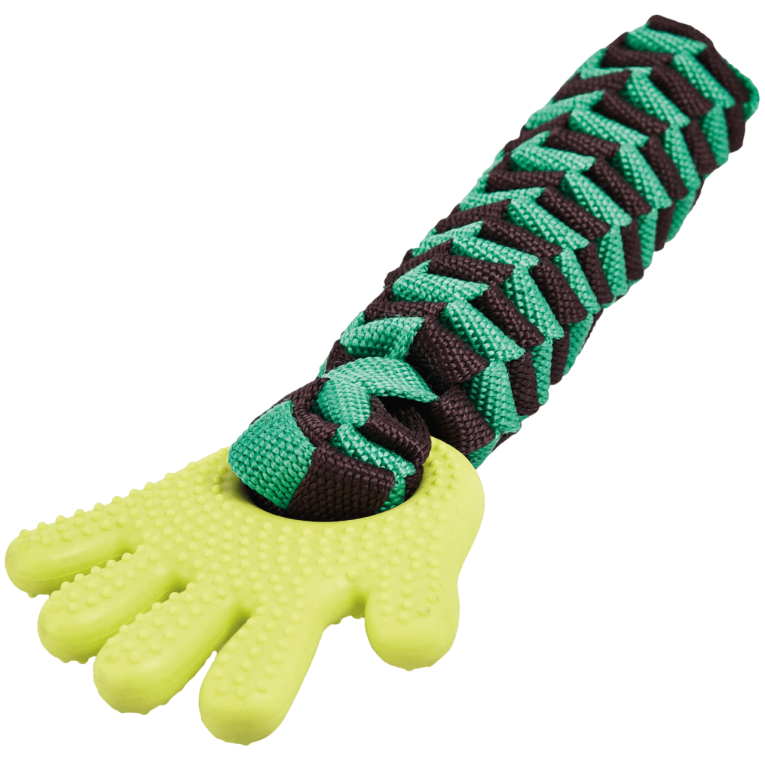 Juguete para perro de la marca XT-DOG con cuerda trenzada verde y negra unida a una pieza de caucho verde flúor en forma de mano en Anlú.