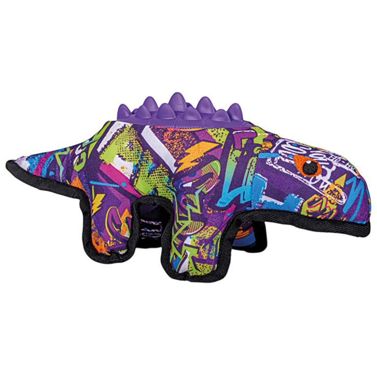 Juguete para perro con forma de dinosaurio con estampado de grafiti multicolor y puos de goma moradas de la marca XT-DOG en Anlú.