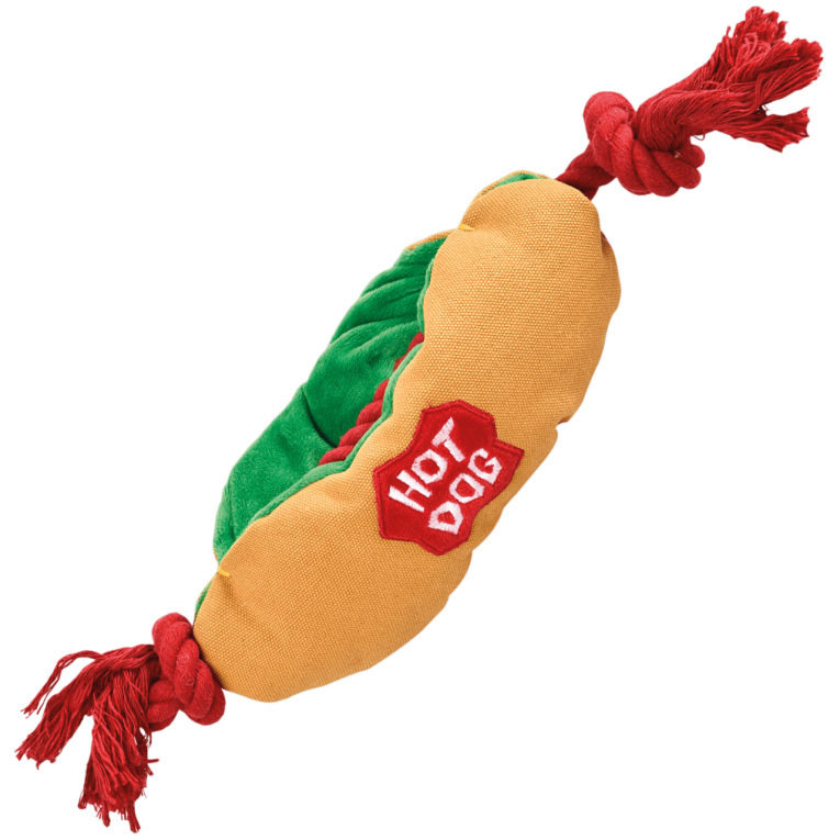 Juguete para perro con forma de perrito caliente de peluche que contiene una cuerda roja con nudos en su interior de la marca Premier DOG en Anlú.