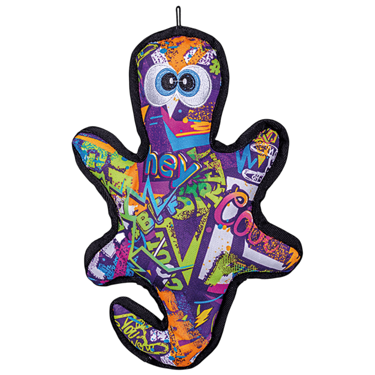 Juguete para perro con forma de gecko negro con estampado de grafiti multicolor neón y bordes reforzados de la marca XT-DOG en Anlú.