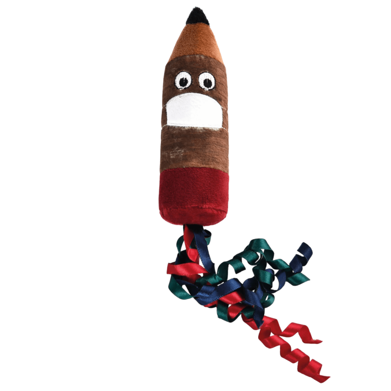 Juguete para gato con forma de lapiz de peluche marron con cintas de colores y carita bordada de la marca Premier CAT en Anlú.
