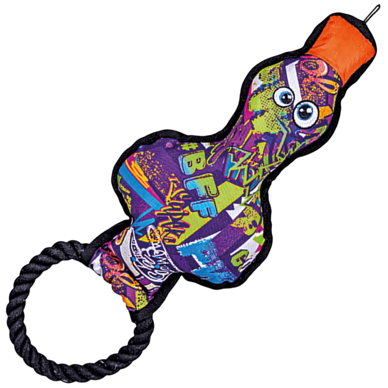 Juguete para perro con forma de pato de la serie Grafiti de XT-DOG con estampado multicolor, bordes reforzados y tirador de cuerda negra en Anlú.