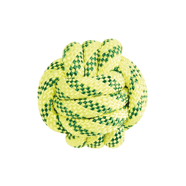 Juguete para perro con forma de pelota fabricada con cuerda trenzada de colores amarillo neón y verde de la marca XT-DOG en Anlú.