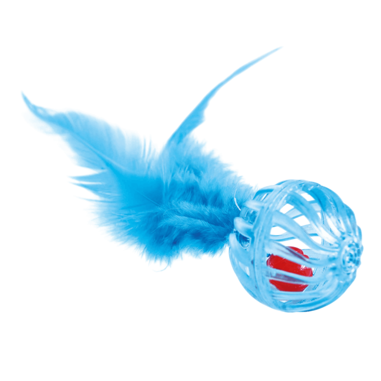 Juguete para gato con forma de bola de plastico en color azul y rosa con plumas naturales marrones de la marca Premier CAT en Anlú.