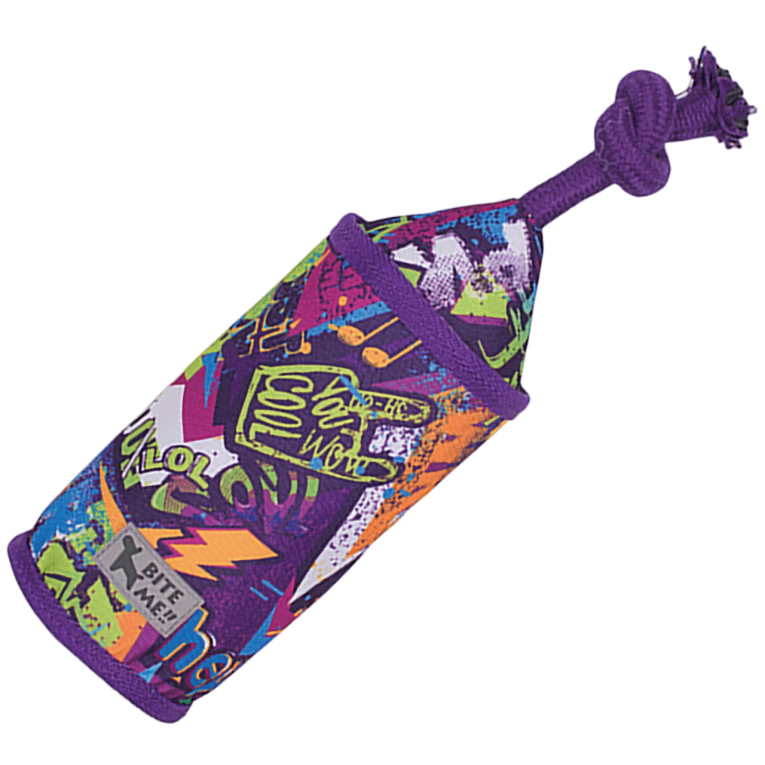 Juguete para perro tipo saco de la serie Grafiti de XT-DOG con tirador de cuerda púrpura, estampado multicolor y bordes reforzados en Anlú.