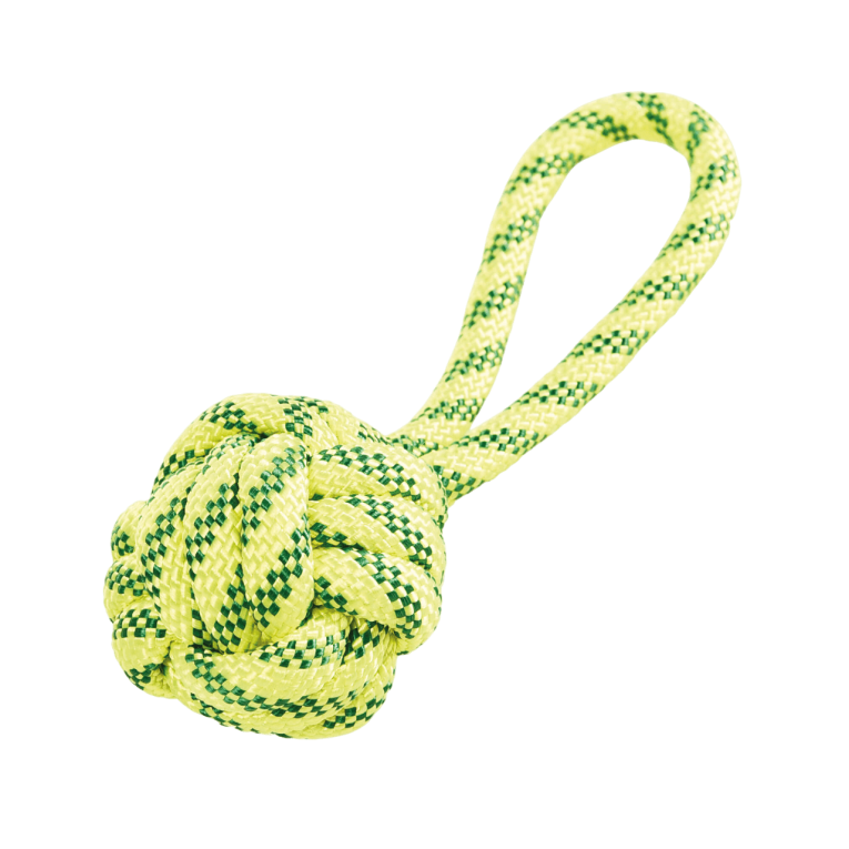 Juguete para perro de la marca XT-DOG tipo tirador con una pelota de nudo en un extremo y un asa de cuerda en el otro de color amarillo y verde en Anlú.