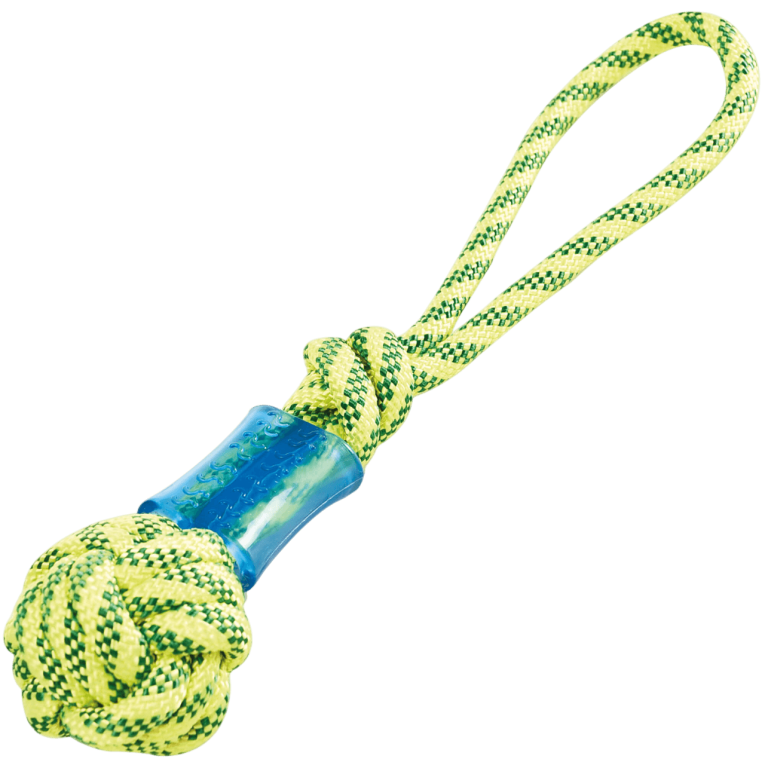 Juguete para perro de la marca XT-DOG que consiste en una cuerda entrelazada de color amarillo y verde con un asa, un mordedor central de goma azul y una pelota de nudo en el extremo en Anlú.