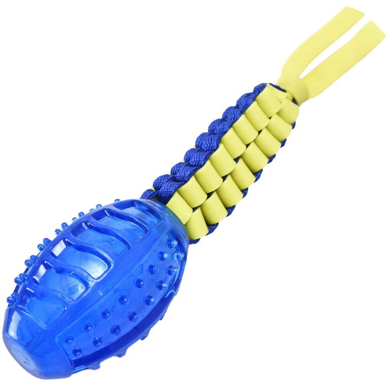 Pelota de rugby flotante de color azul para perros serie XT-DOG de 29cm de largo en Anlú.