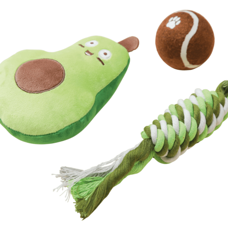 Presentación del set de tres juguetes para mascotas Premier DOG diseño aguacate multicolor en Anlú.