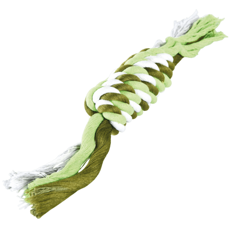 Cuerda de nudos de algodón trenzado en colores verde y blanco para perros del set aguacate en Anlú.