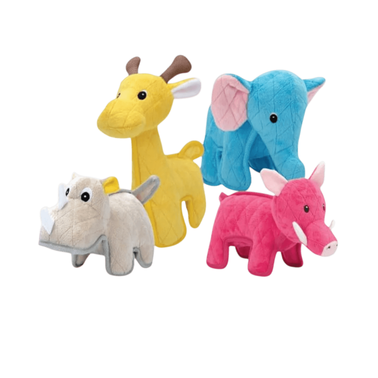 Colección completa de peluches para perros Zeus Safari con los modelos elefante león cebra y rinoceronte en Piensos Anlú.
