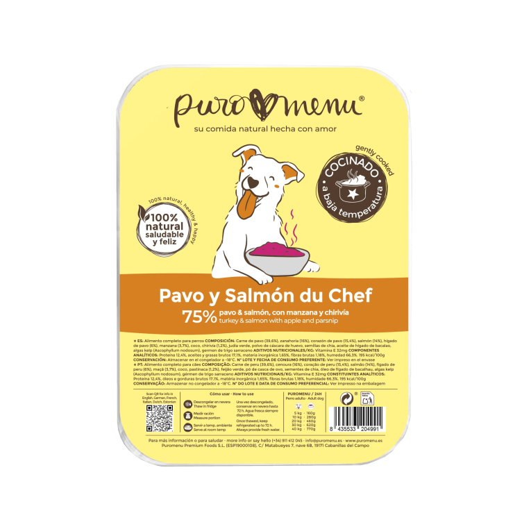 Cocinado: Menú Pavo y Salmón du Chef Congelado Cocinado para perro, detalle